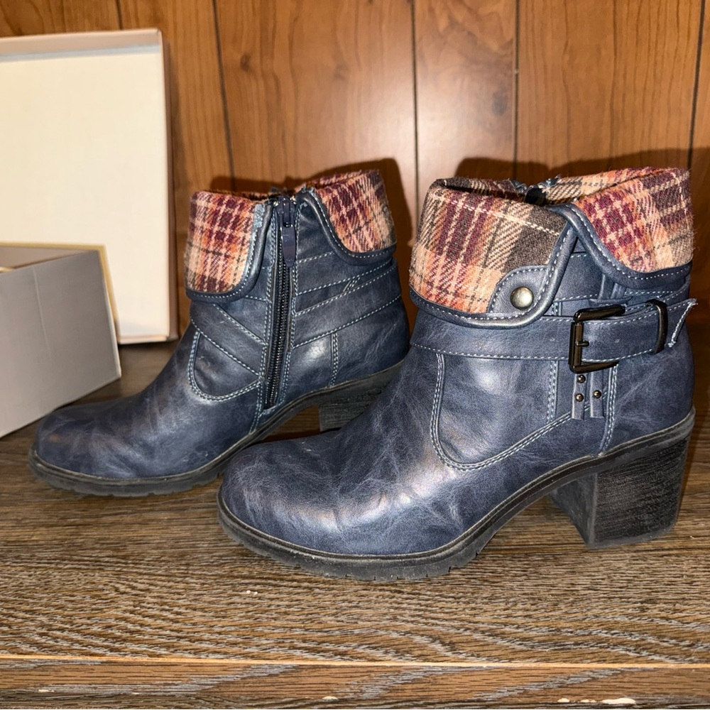 Navy Ankle Boots with Plaid Cuff